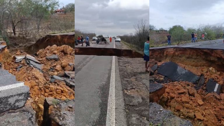 Chuvas provocam cratera e interditam totalmente a BR-116 em Tucano
