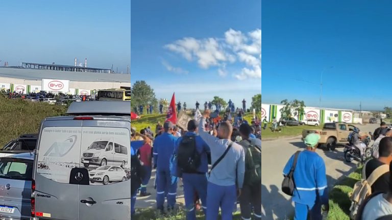 Trabalhadores da construção civil fazem protesto na obra da BYD e causam congestionamento em Camaçari